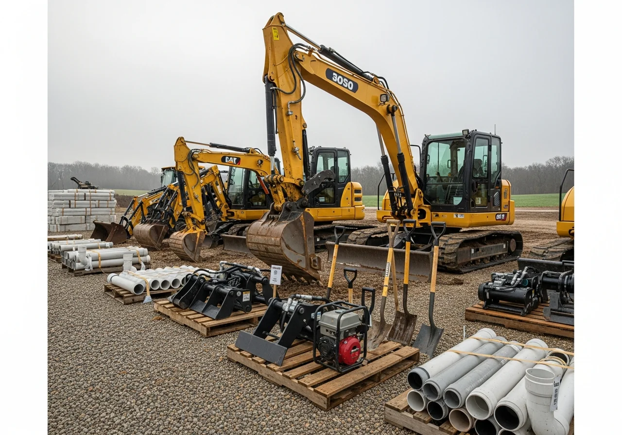 Excavation equipment and tools on a job site, ready for grading and land clearing work.