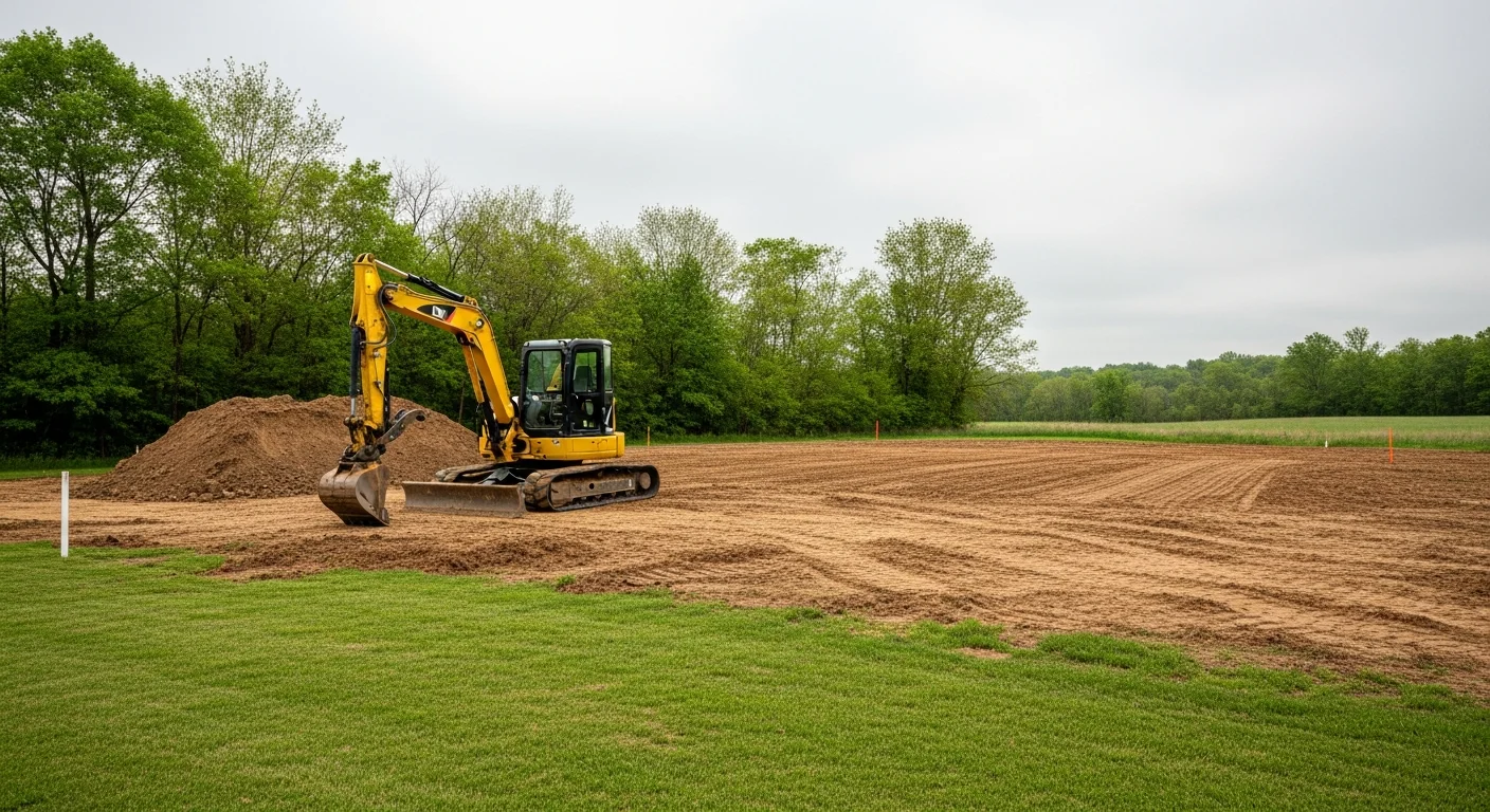 Excavation equipment preparing a residential lot for construction