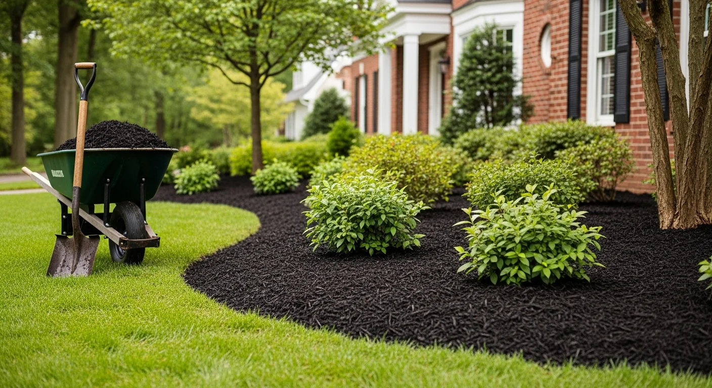 Fresh mulch applied to residential landscape beds
