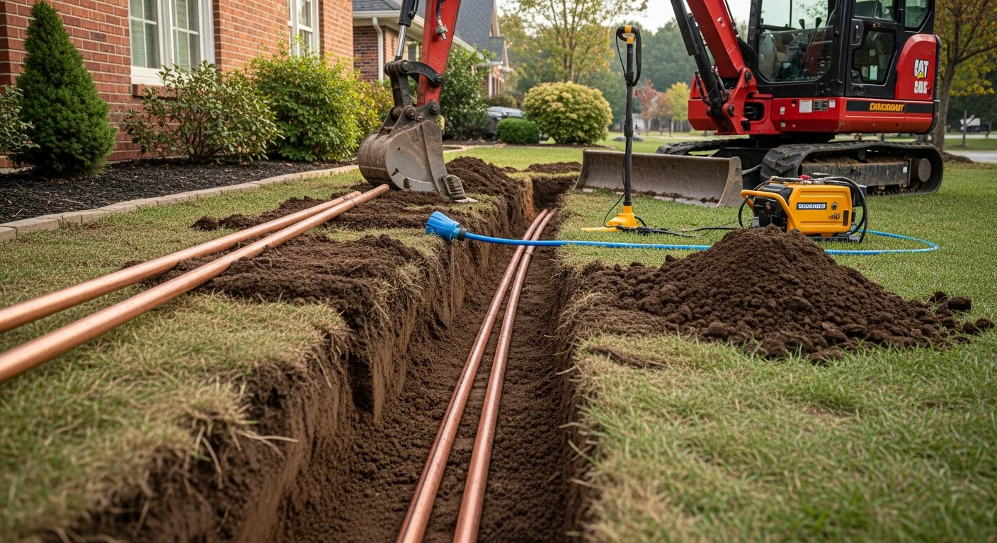 Underground waterline installation in residential yard