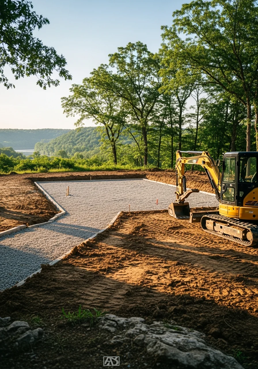A service professional standing near a Mt. Carmel home with the Wabash River valley landscape visible.