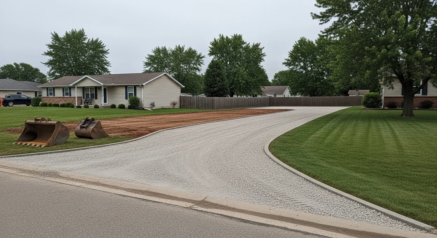 A well-maintained residential property in Owensville, Indiana, with a clear driveway and manicured lawn typical of Gibson County homes.