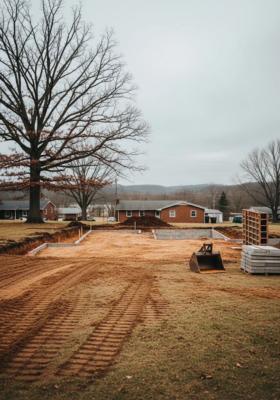 A service professional inspecting a residential property in Poseyville with the Ohio River valley visible in the background.