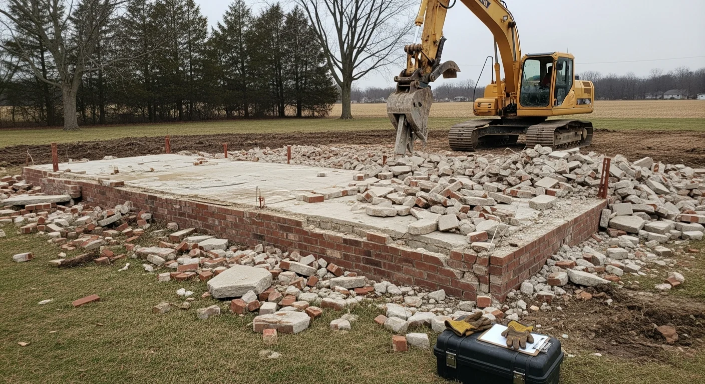 A cleared residential lot in Owensville, Indiana after a full structure demolition by JW Excavating, LLC. The site shows graded ground with all debris removed, ready for new construction.