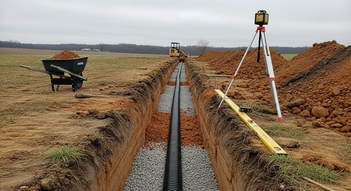 Excavated drainage trench with subsurface pipe installed across a residential yard in Owensville, Indiana. Surrounding clay soil is visible with graded slope leading to a designated outlet point away from the home's foundation.