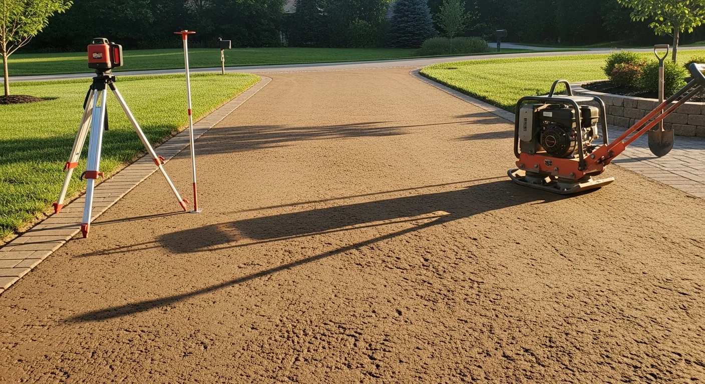 A freshly graded gravel driveway on a rural residential property near Owensville, Indiana, showing a smooth, sloped surface with clean edges and no standing water. Heavy equipment tire tracks are visible at the edge of the work area where compaction was completed.