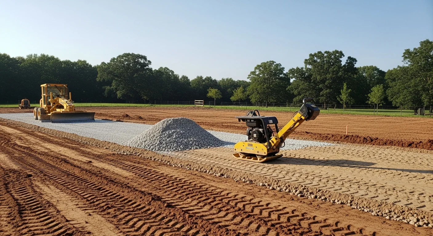 A freshly installed gravel driveway on a residential property in Owensville, Indiana, with a compacted base surface leading from the road to a single-family home. The surrounding lot shows cleared edges and graded drainage typical of Gibson County acreage properties.