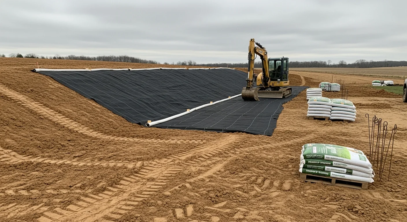 A stabilized sloped yard in Owensville, Indiana with fresh ground cover and graded soil showing erosion control work completed by a landscaping contractor. Bare soil has been dressed and contoured to redirect runoff away from the property.
