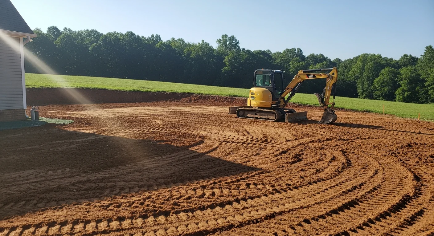 A tracked excavator finish-grading a residential lot in Owensville, Indiana, with smoothed soil sloping away from a concrete foundation. The surrounding terrain shows the flat-to-rolling Gibson County landscape typical of the area.