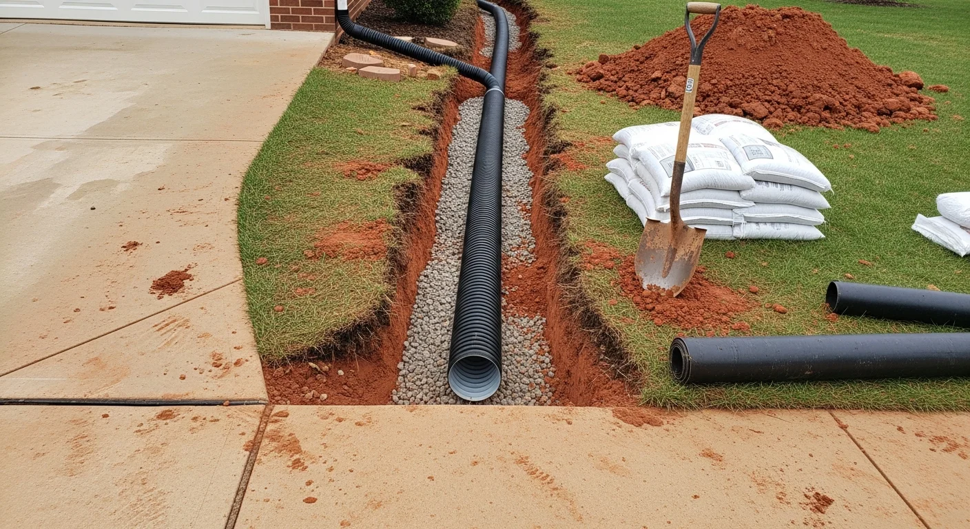 Underground gutter drainage pipe being installed along the foundation of a residential property in Owensville, Indiana. A graded trench directs roof runoff away from the home toward a safe discharge point in the yard.