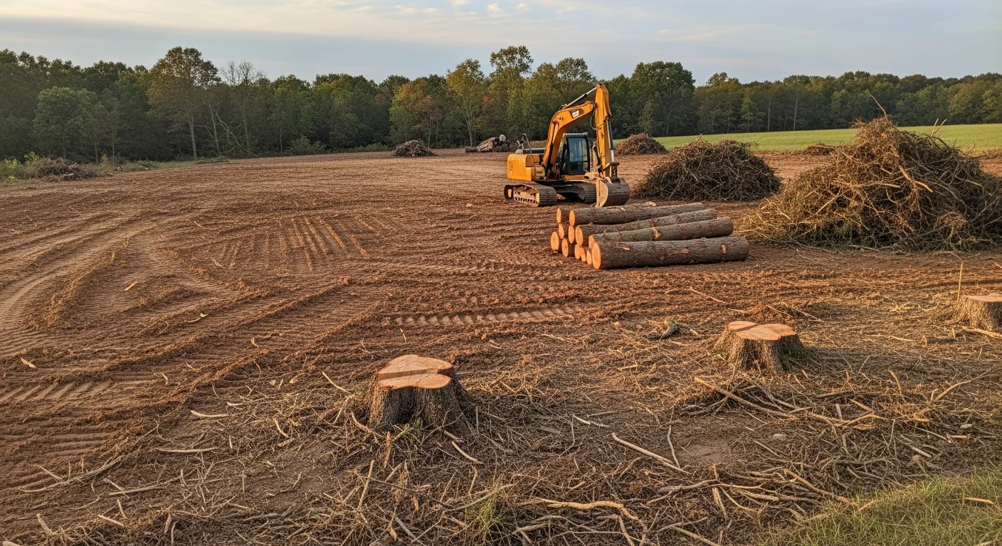 A cleared rural lot in Owensville, Indiana with trees and brush removed, showing graded soil ready for construction. Gibson County farmland and treeline visible in the background.