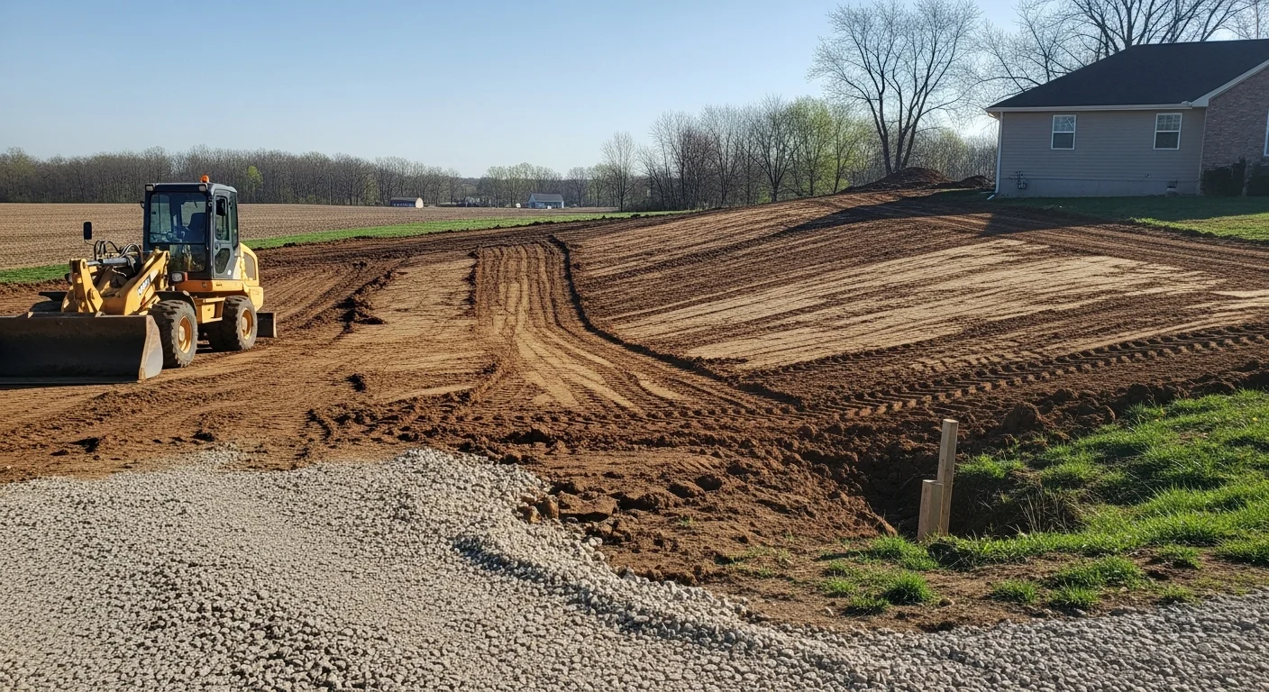 A residential yard in Owensville, Indiana after landscape grading, showing a smooth soil surface sloping away from the home's foundation. A compact grading machine sits in the background with freshly shaped earth ready for seeding.