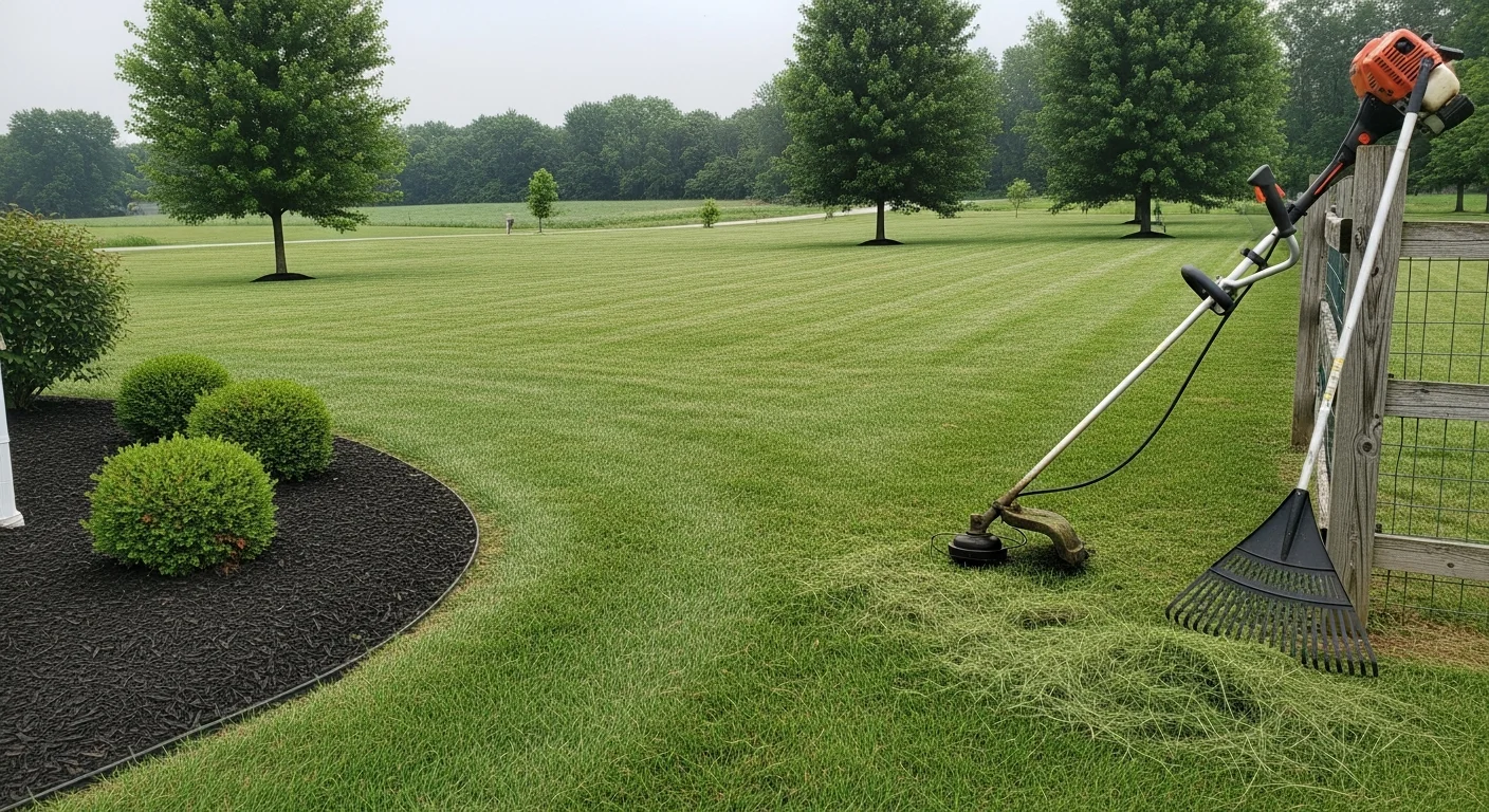 A neatly mowed and edged residential lawn in Owensville, Indiana with trimmed landscape beds along the front of a home. Grass is green and uniform with clean border lines along the driveway and walkway.