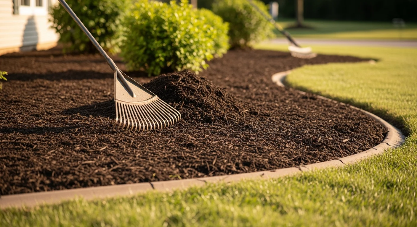 Freshly applied mulch covering a landscaped flower bed and tree ring at a residential property in Owensville, Indiana. Bed edges are clean and defined with dark mulch layered evenly around established plants and shrubs.