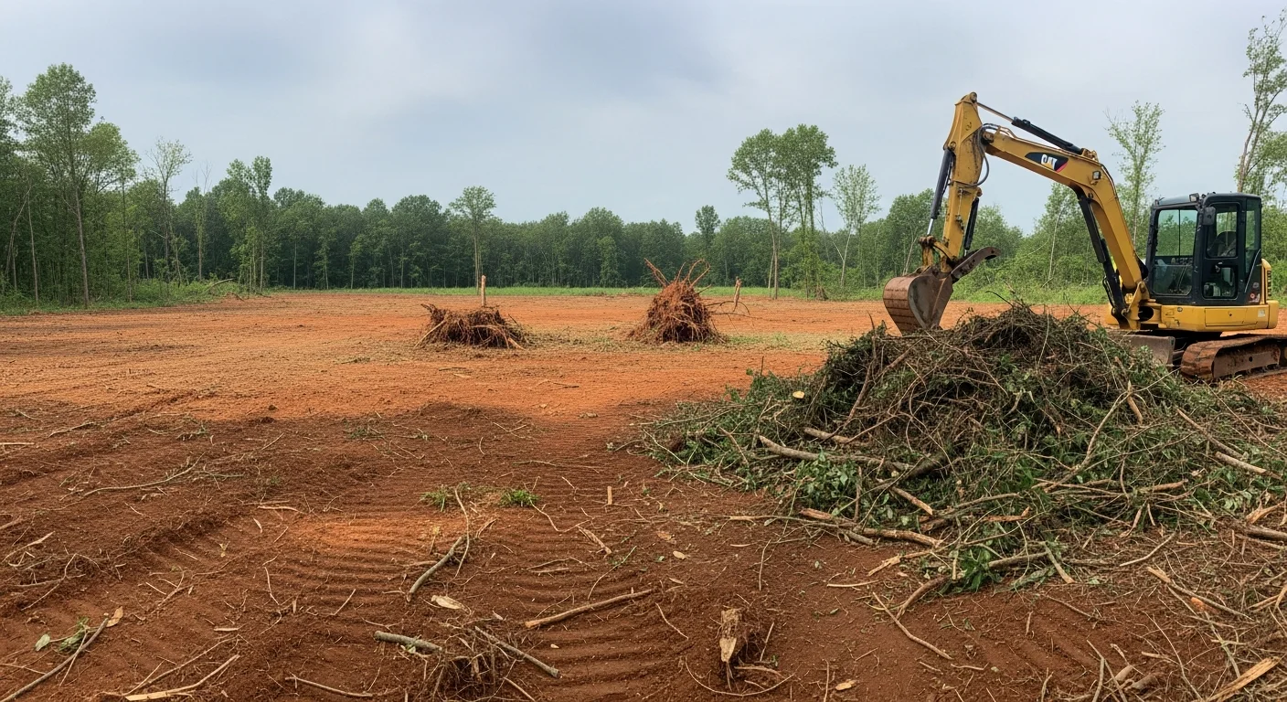 A cleared residential lot in Owensville, Indiana with debris and overgrown brush removed, showing open ground and tidy yard edges. A JW Excavating, LLC crew and equipment are visible in the background after completing a property cleanup job.
