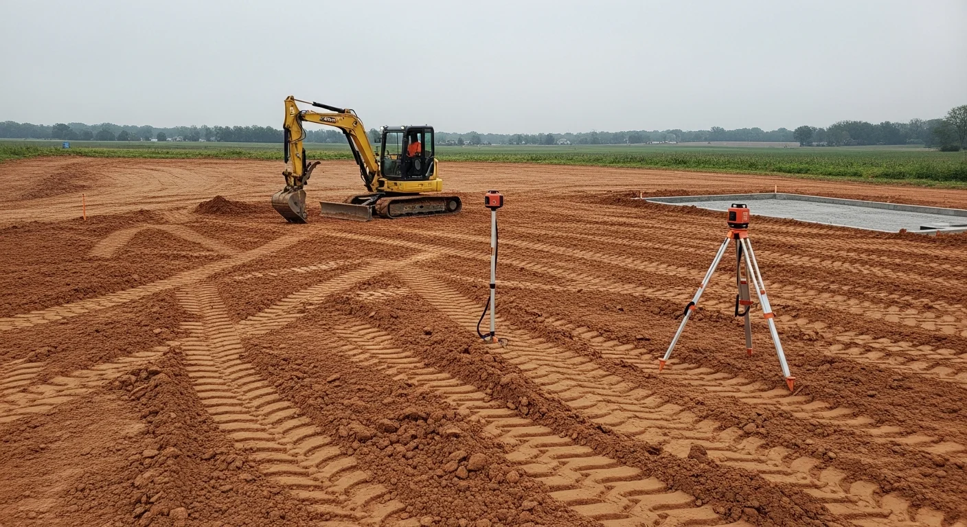 A residential lot in Owensville, Indiana after site grading, showing smooth, sloped earth graded away from a home foundation with a prepared driveway subbase in the foreground. An excavator is visible in the background on a clay-soil property typical of southwestern Indiana.