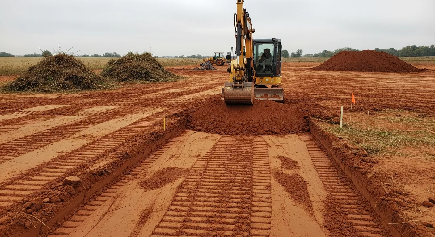 An excavator grading and leveling a cleared residential lot in Owensville, Indiana, with exposed clay soil and a flat building pad ready for foundation work. The surrounding area shows rural Gibson County landscape in the background.