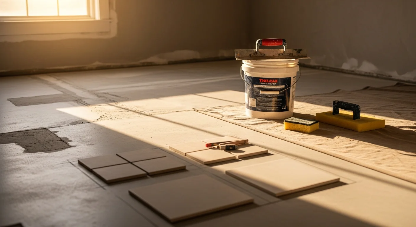 Freshly installed ceramic floor tile in a bathroom of an Owensville, Indiana home, showing clean grout lines and a level surface near the tub surround. The room reflects a typical owner-occupied residential property in Gibson County.