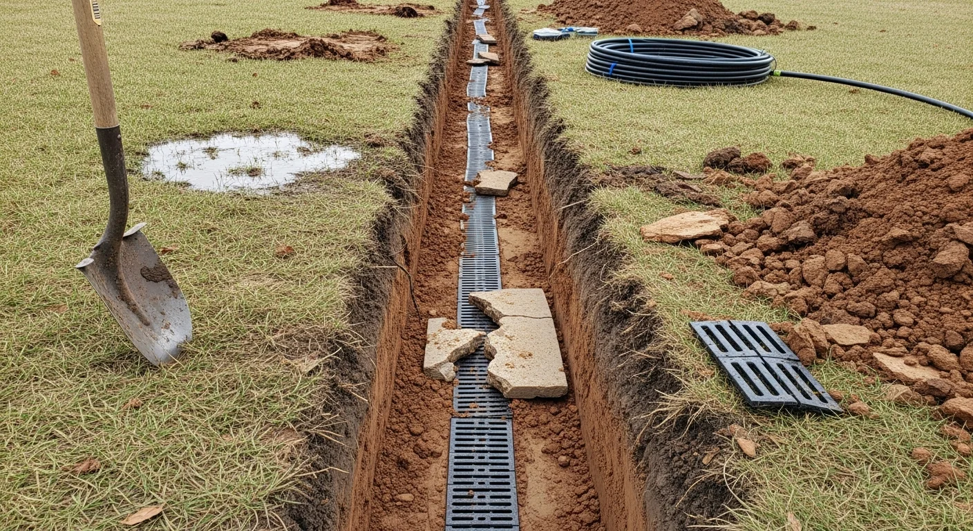 A repaired underground drain tile line exposed in a trench on a residential property in Owensville, Indiana, with compacted soil and restored ground surface visible above. A plumbing contractor inspects the completed tile drain repair alongside a single-family home foundation.