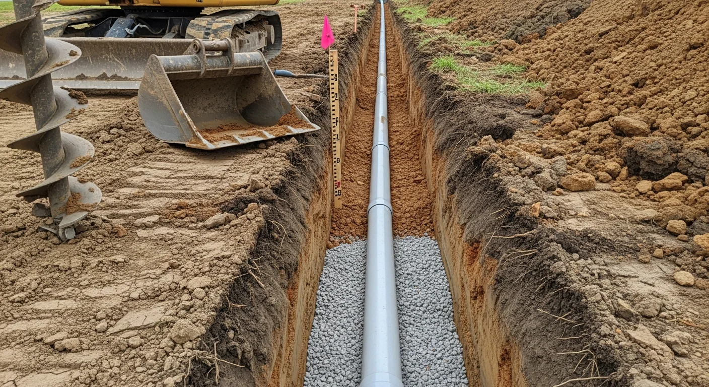 An open utility trench on a residential property in Owensville, Indiana showing a newly installed waterline with compacted bedding material and backfill in progress. A small excavator sits alongside the trench on a flat Gibson County lot.