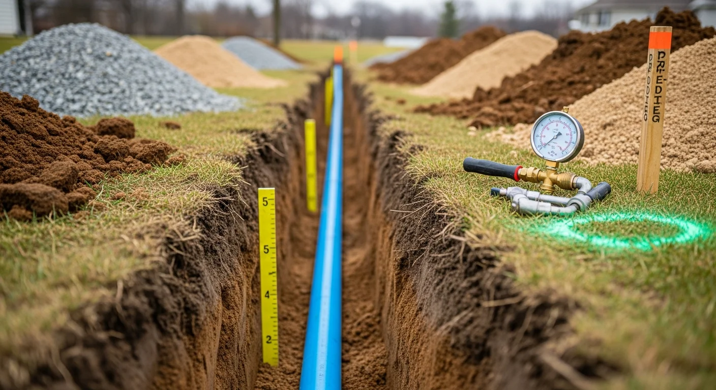 Freshly excavated trench showing a newly installed underground waterline on a residential property in Owensville, Indiana. The pipe is set at proper depth with clean backfill material staged alongside the open trench.