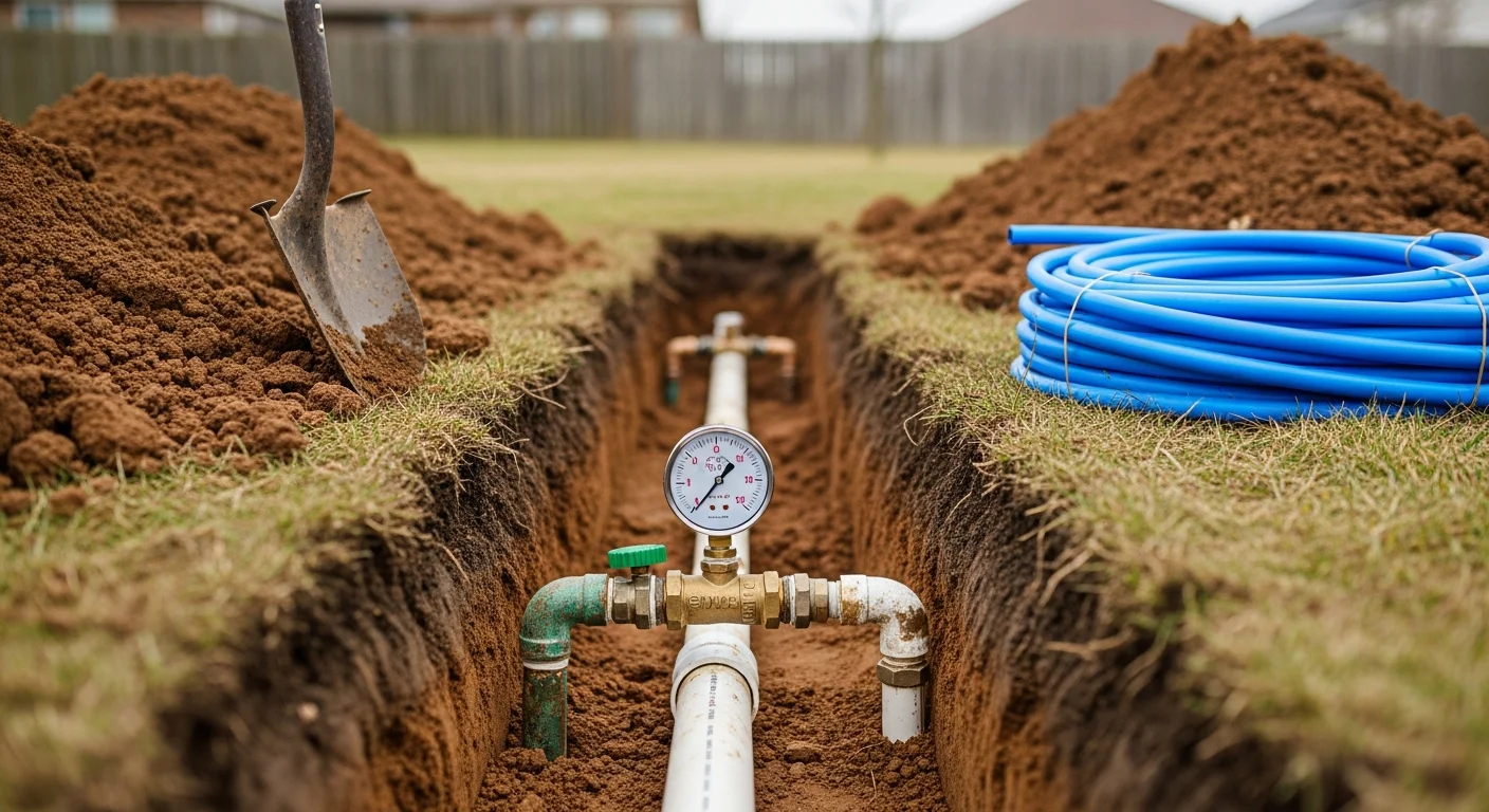 An excavated trench in a residential yard in Owensville, Indiana, showing an exposed and repaired underground waterline with fresh backfill alongside it. A JW Excavating crew member inspects the repaired pipe connection before the trench is closed.